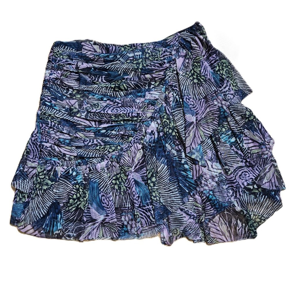 ANTHROPOLOGIE Tulle Ruched Ruffles Mini Skirt Green Violet Size 12 NWT